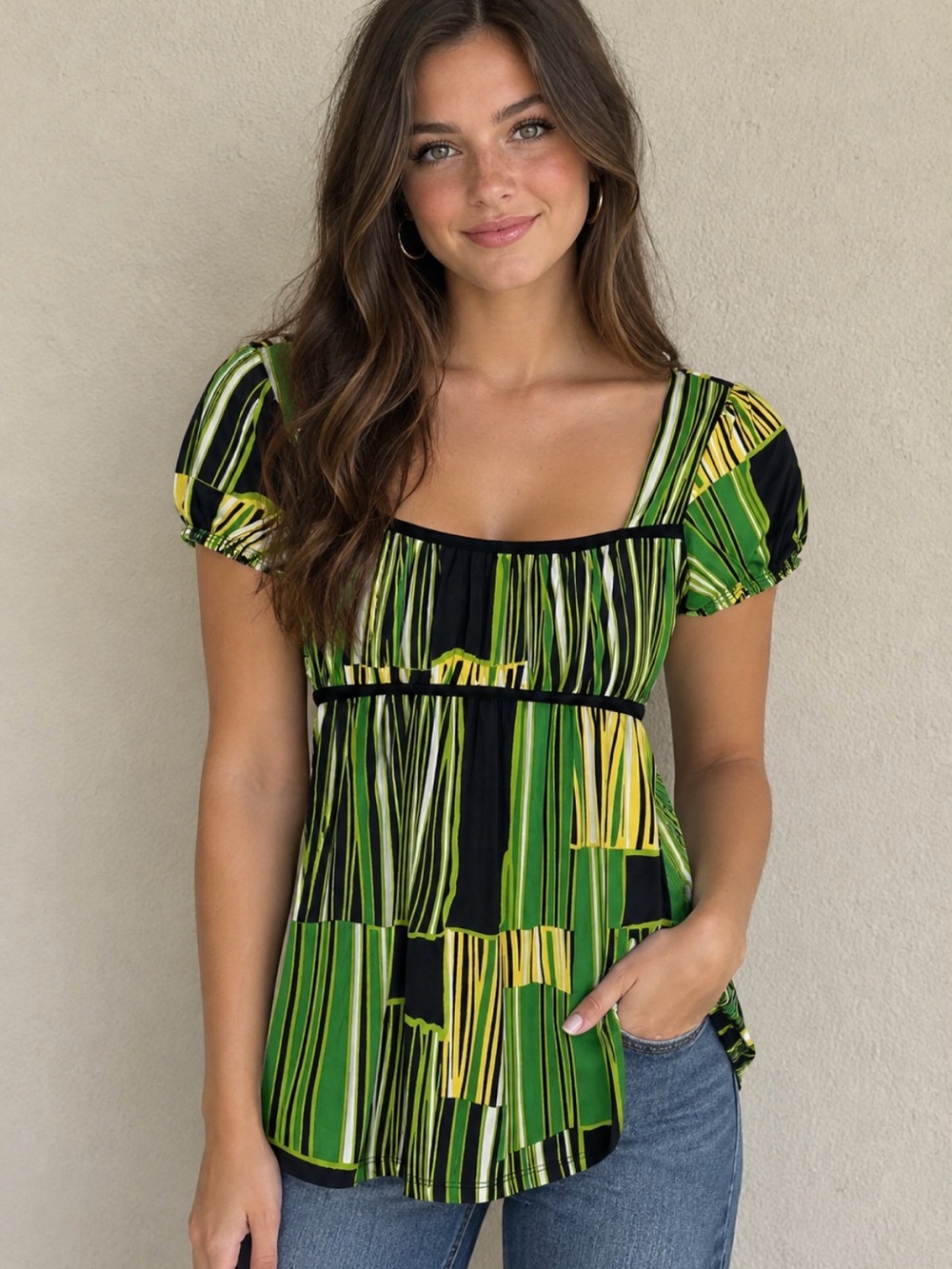 Vintage Y2K‎ Wet Seal Babydoll Top Green Yellow Black Size Small